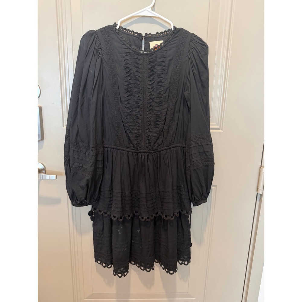 Farm Rio Black Lace‎ Trimmed Pintucked Cotton-Voile Mini Dress Size XS